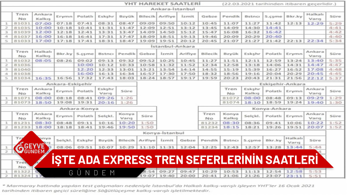 İşte Ada Express tren seferlerinin saatleri